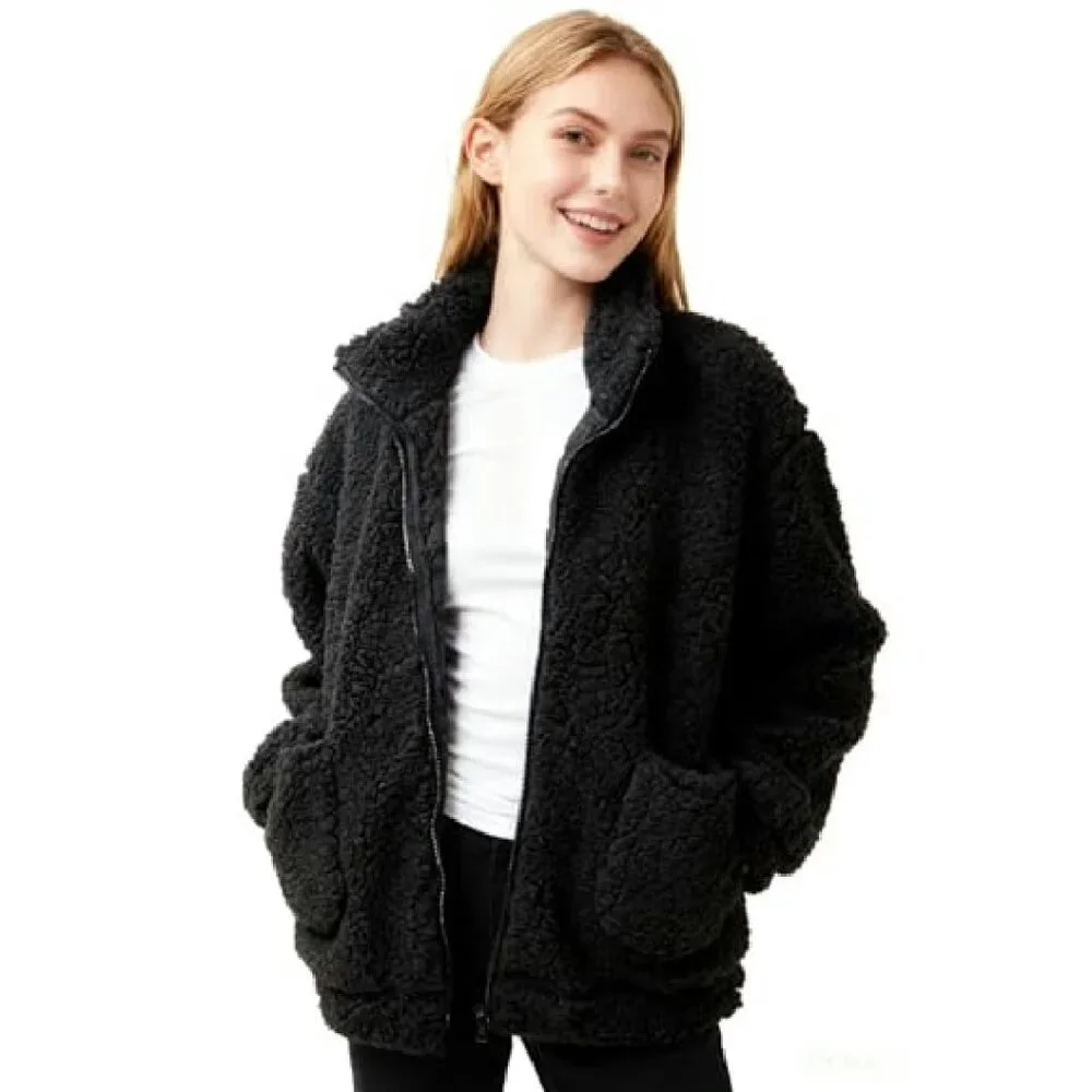 Women's Oversized Fleece Jacket Sherpa Zip Up Winter Faux Fur Coat